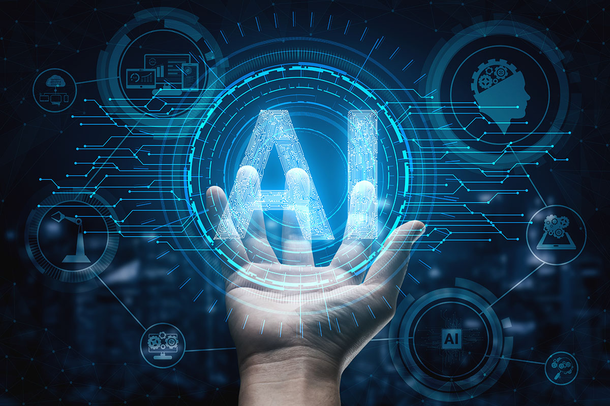 A hand is reaching out to hold a graphic with the letters "AI" and circuit board designs.